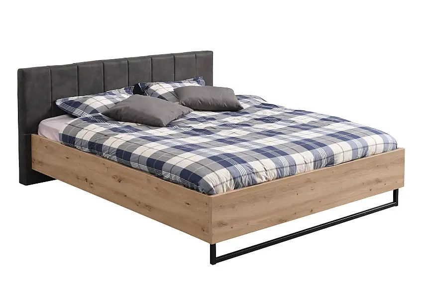 Doppelbett Crina 09, Farbe: Eiche Artisan / Grau, mit gepolsterten Kopfteil, ABS-Kanten, Beine: Metall, Liegefläche: 160 x 200 cm