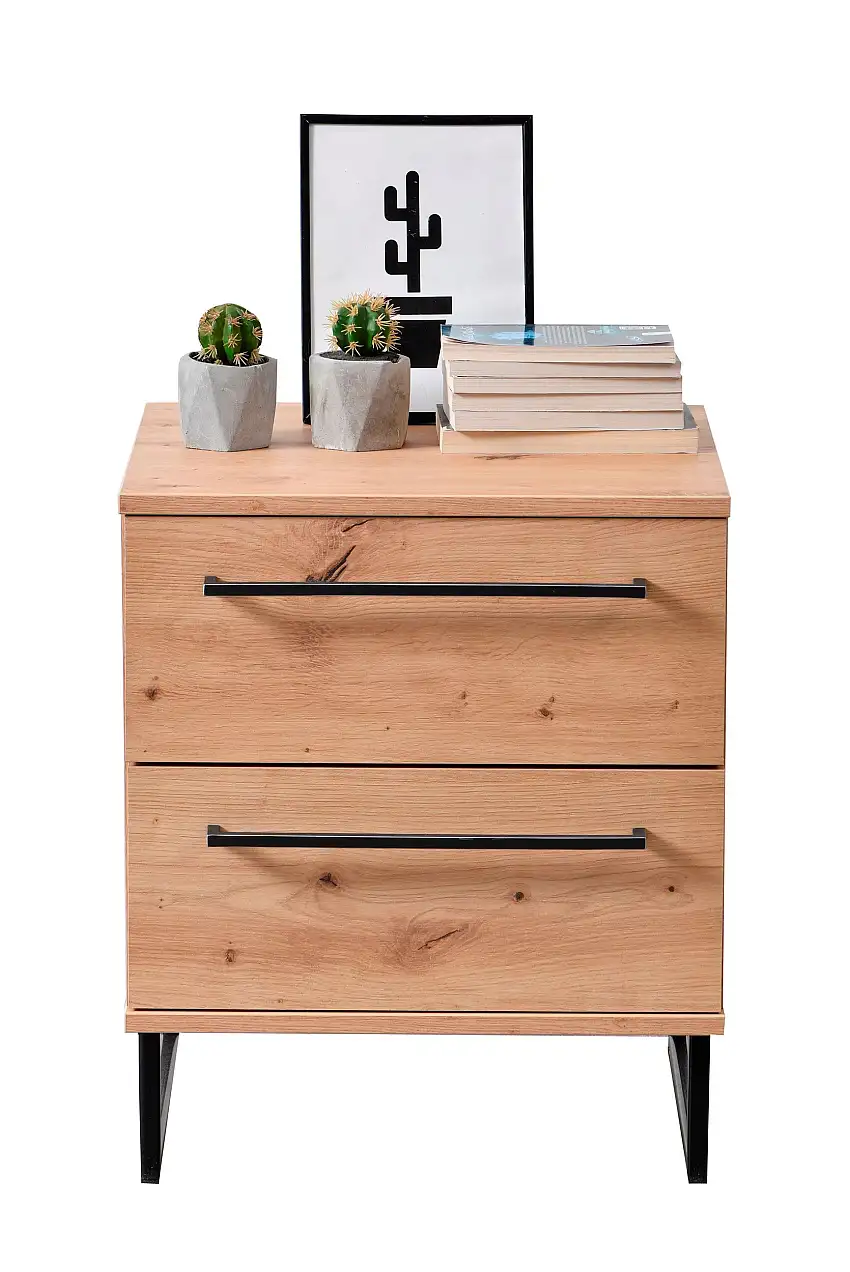 Nachtkommode mit zwei Schubladen Crina 07, Farbe: Eiche Artisan, Maße: 54 x 45,5 x 35 cm, ABS-Kantenschutz, Griffe & Beine: Schwarz
