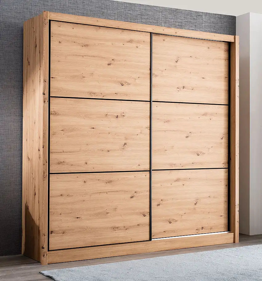 Großer Schiebetürenschrank mit einer Kleiderstange Panevo 03, Farbe: Eiche Artisan, sechs Fächer, Maße: 215,5 x 213 x 60 cm, modernes Design