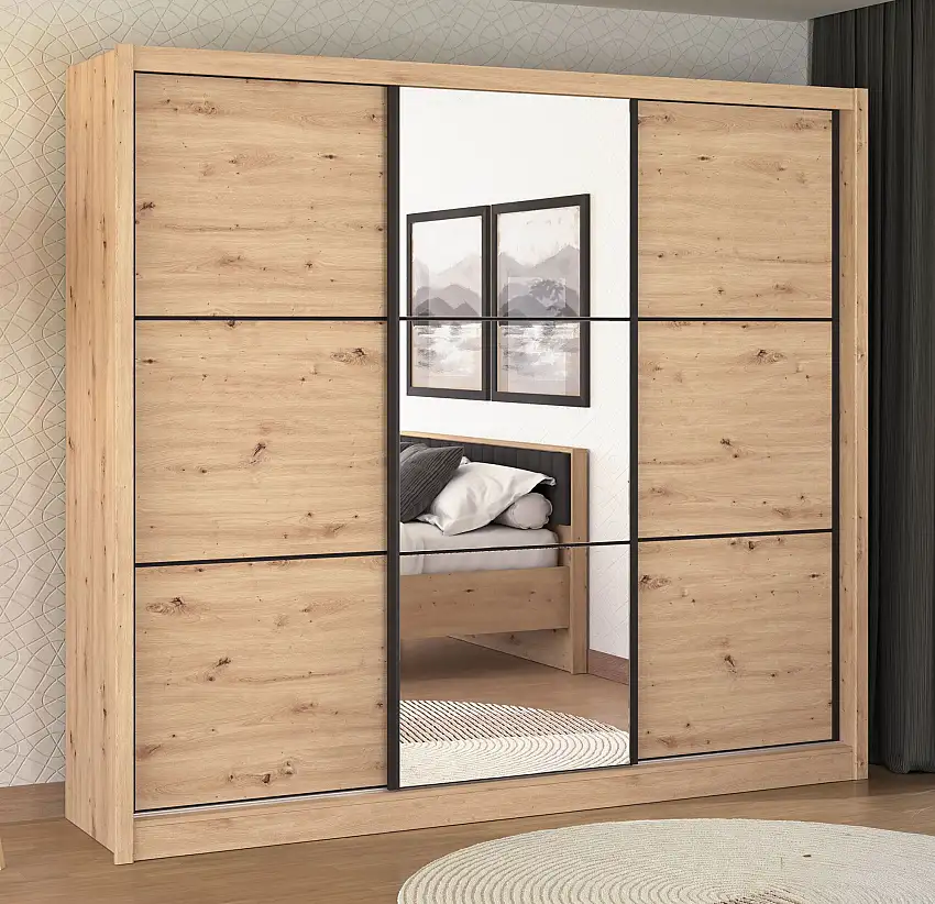 Dreitüriger Schiebetürenschrank Panevo 06, eine Spiegeltür, Farbe: Eiche Artisan, modernes Design, ABS-Kanten, Maße: 215,5 x 242 x 60 cm, 11 Fächer