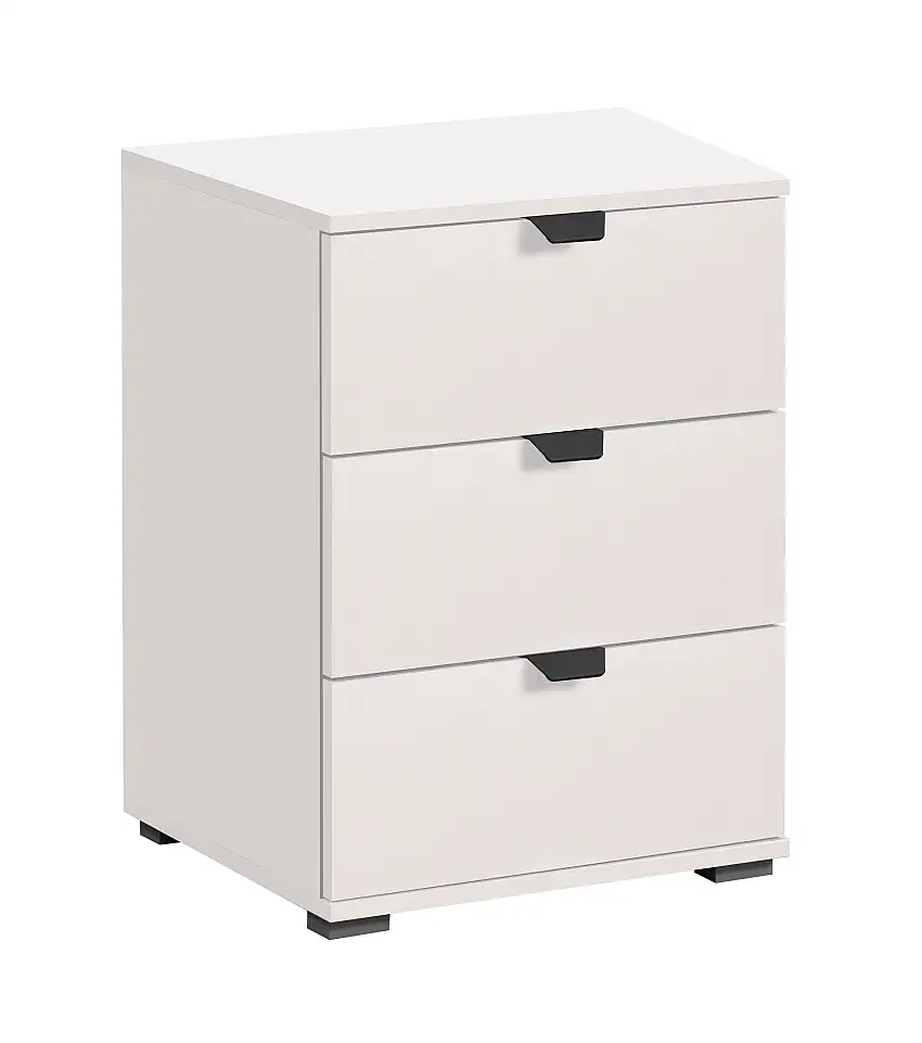 Schlichte Nachtkommode mit zwei Schubladen Pecini 02, Farbe: Weiß, ABS-Kantenschutz, Griffe & Beine: Schwarz, Maße: 63 x 45 x 40 cm, für Schlafzimmer