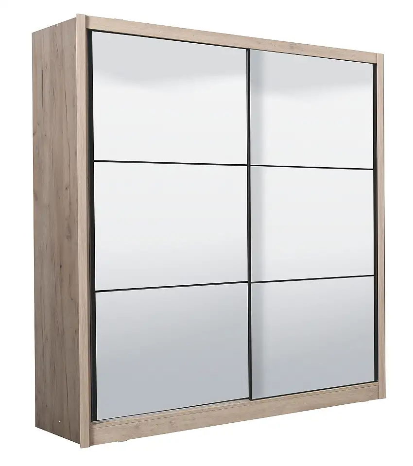 Spiegelschiebetürenschrank / Kleiderschrank mit einer Kleiderstange Panevo 04, Farbe: Eiche Grau, sechs Fächer, einfaches und modernes Design, Maße: 215,5 x 213 x 60 cm