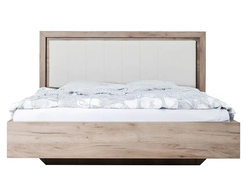 Stabiles Doppelbett Trovica 03, Farbe: Eiche Grau / Weiß, gepolstertes Kopfteil, ABS-Kantenschutz, gut kombinierbar, Liegefläche: 160 x 200 cm