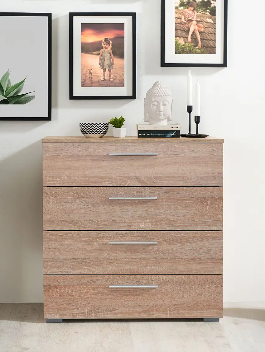 Kommode mit vier Schubladen Vibas 04, Farbe: Eiche Sonoma, aus hochwertigen Materialien, Maße: 80,5 x 68 x 35 cm, für Wohnzimmer