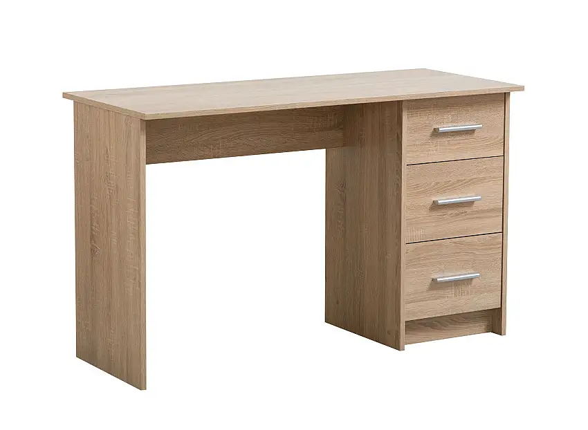 Praktischer Schreibtisch Powar 01, Farbe: Eiche Sonoma, drei Schubladen, ABS-Kanten, Griffe: Grau, Maße: 74,5 x 121 x 50 cm, schlichtes Design