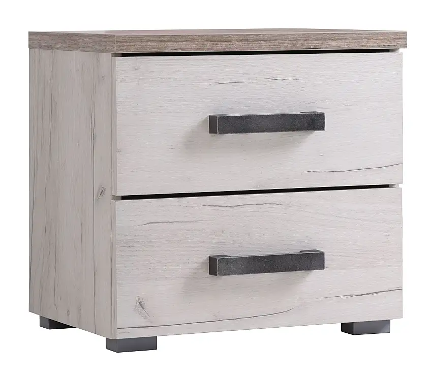 Nachtkommode mit zwei Schubladen Zemun 09, Farbe: Eiche Grau / Eiche Weiß, Maße: 43 x 44,5 x 33,5 cm, ABS-Kantenschutz, Griffe: Schwarz