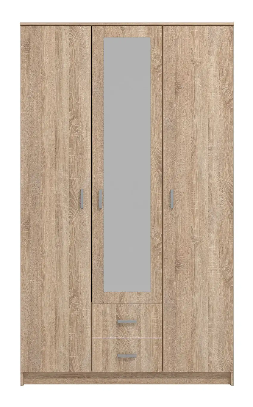 Dreitüriger Kleiderschrank mit einer Spiegeltür Kovin 04, 1,2 Meter breit, Farbe: Eiche Sonoma, zwei Schubladen, Maße: 205 x 120 x 52 cm, fünf Fächer