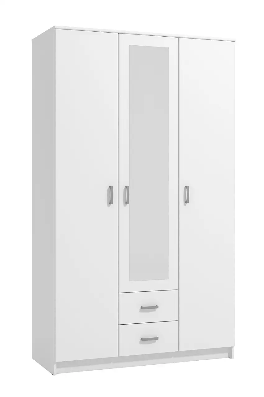 Heller Drehtürenschrank / Kleiderschrank mit zwei Schubladen Kovin 06, eine Spiegeltür, Farbe: Weiß, eine Kleiderstange, fünf Fächer, Maße: 205 x 120 x 52 cm