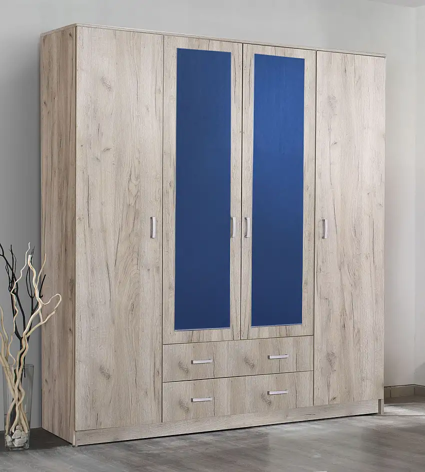 Drehtürenschrank mit zwei Spiegeltüren Kovin 02, 1,6 Meter breit, Farbe: Eiche Grau, zwei Schubladen, eine Kleiderstange, Maße: 205 x 160 x 52 cm, 11 Fächer