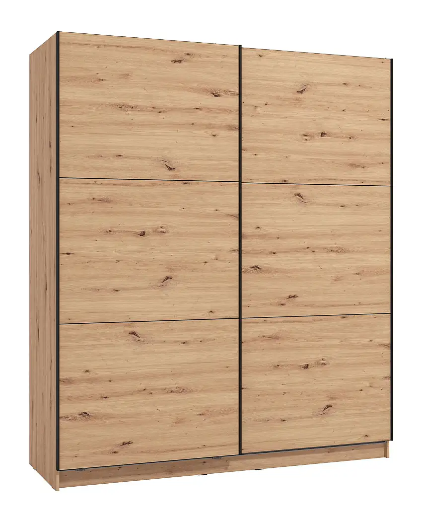 Schiebetürenschrank / Kleiderschrank mit genügend Stauraum Kule 01, Farbe: Eiche Artisan, eine Kleiderstange, sechs Fächer, Maße: 210 x 179 x 62,5 cm