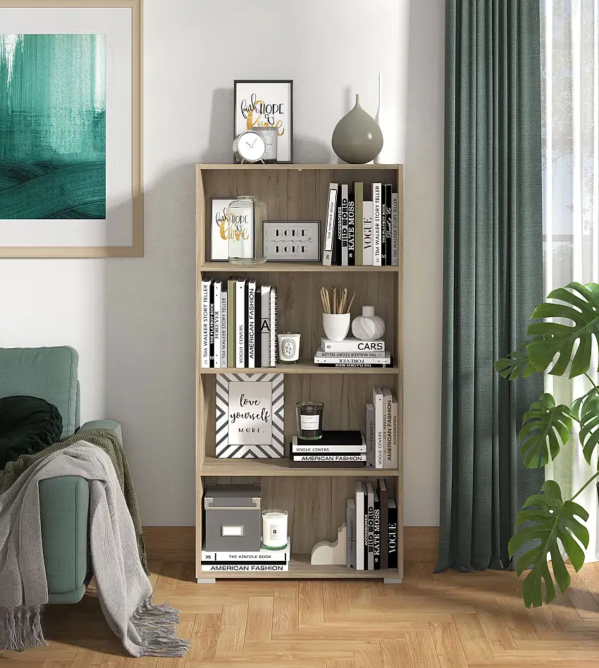 Regal mit vier Fächer Knide 06, Farbe: Eiche Grau, ABS-Kantenschutz, Bücherregal, hochwertige Verarbeitung, Maße: 142 x 70 x 24,5 cm, für Wohnzimmer