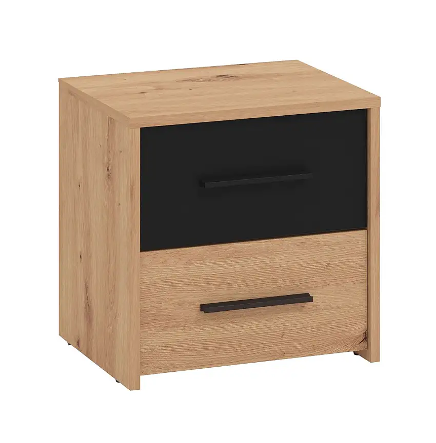 Schlichte Nachtkommode mit zwei Schubladen Brus 19, Farbe: Eiche Artisan / Schwarz, ABS-Kantenschutz, Griffe: Schwarz, Maße: 42 x 42 x 33 cm, für Schlafzimmer