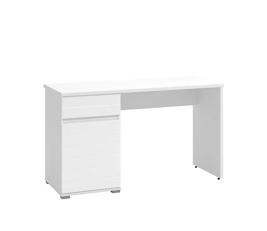 Heller Schreibtisch Moni 01, Farbe: Weiß / Weiß Hochglanz, eine Schublade, ABS-Kanten, gut kombinierbar, eine Tür, Maße: 75,5 x 130 x 50 cm, zwei Fächer