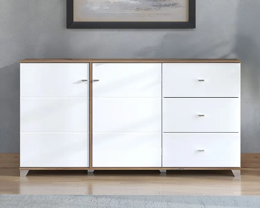 Sideboard / Kommode mit vier Fächer Kanjiza 06, Farbe: Eiche Flagstaff / Weiß / Weiß Hochglanz, drei Schubladen, zwei Türen, Maße: 85 x 162 x 40 cm