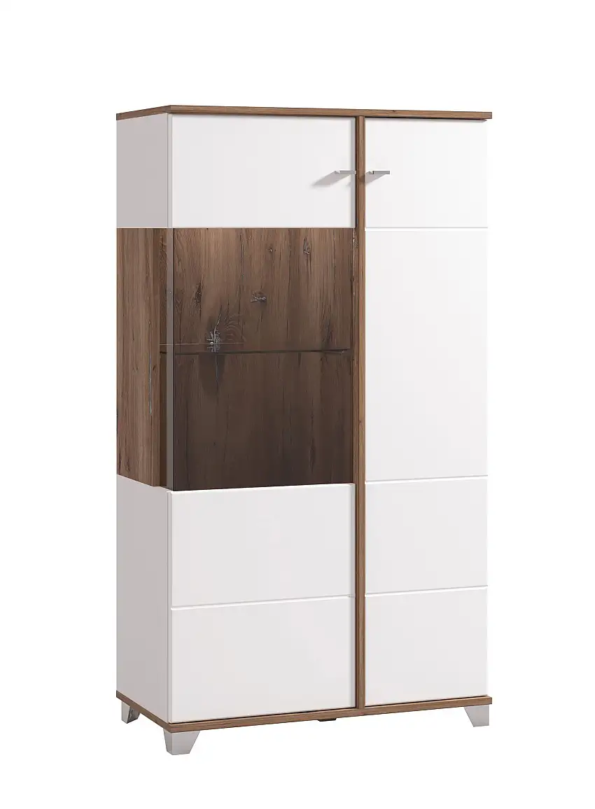 Vitrine mit zwei Türen Kanjiza 03, Farbe: Eiche Flagstaff / Weiß / Weiß Hochglanz, sechs Fächer, ABS-Kantenschutz, Maße: 143 x 78,5 x 40 cm