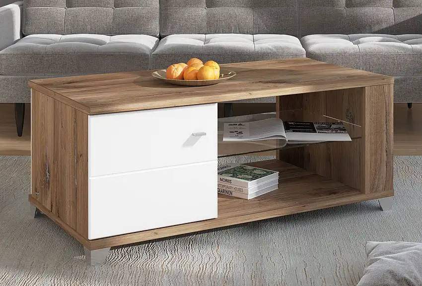 Couchtisch mit zwei Türen Kanjiza 07, Farbe: Eiche Flagstaff / Weiß / Weiß Hochglanz, eine Glasablage, Maße: 48,5 x 118 x 60 cm, für Wohnzimmer