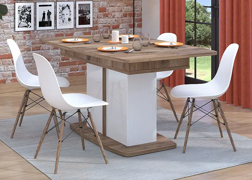 Ausziehbarer Esstisch Kanjiza 08, Farbe: Eiche Flagstaff / Weiß / Weiß Hochglanz, ABS-Kantenschutz, Maße: 78 x 160 x 91,5 cm (H x B x T), für Esszimmer