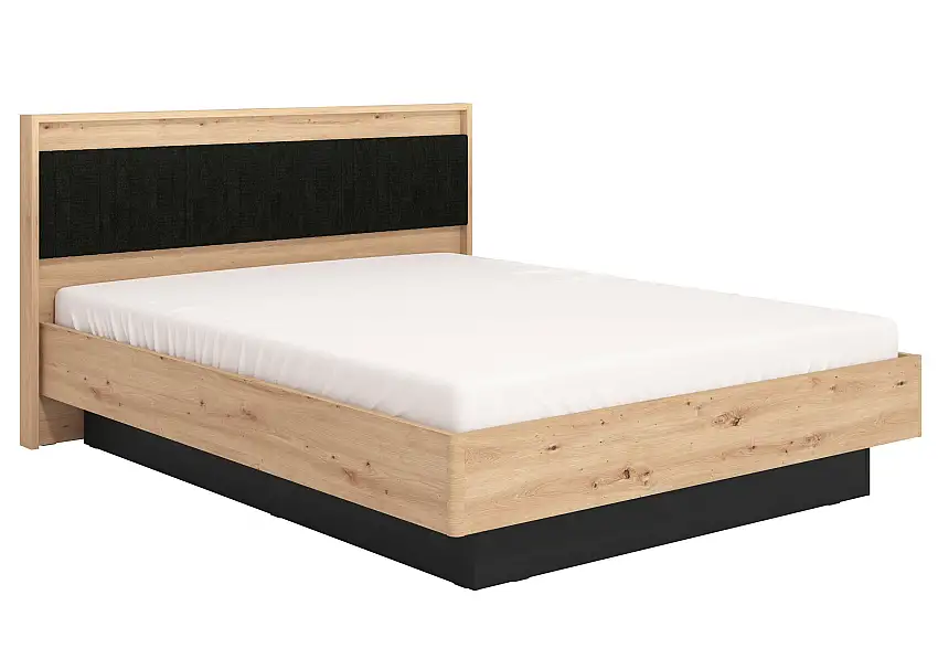 Doppelbett Indika 14, Farbe: Eiche Artisan / Schwarz, gepolstertes Kopfteil: Dunkelgrau, Liegefläche: 180 x 200 cm, ABS-Kantenschutz, Schlafzimmer