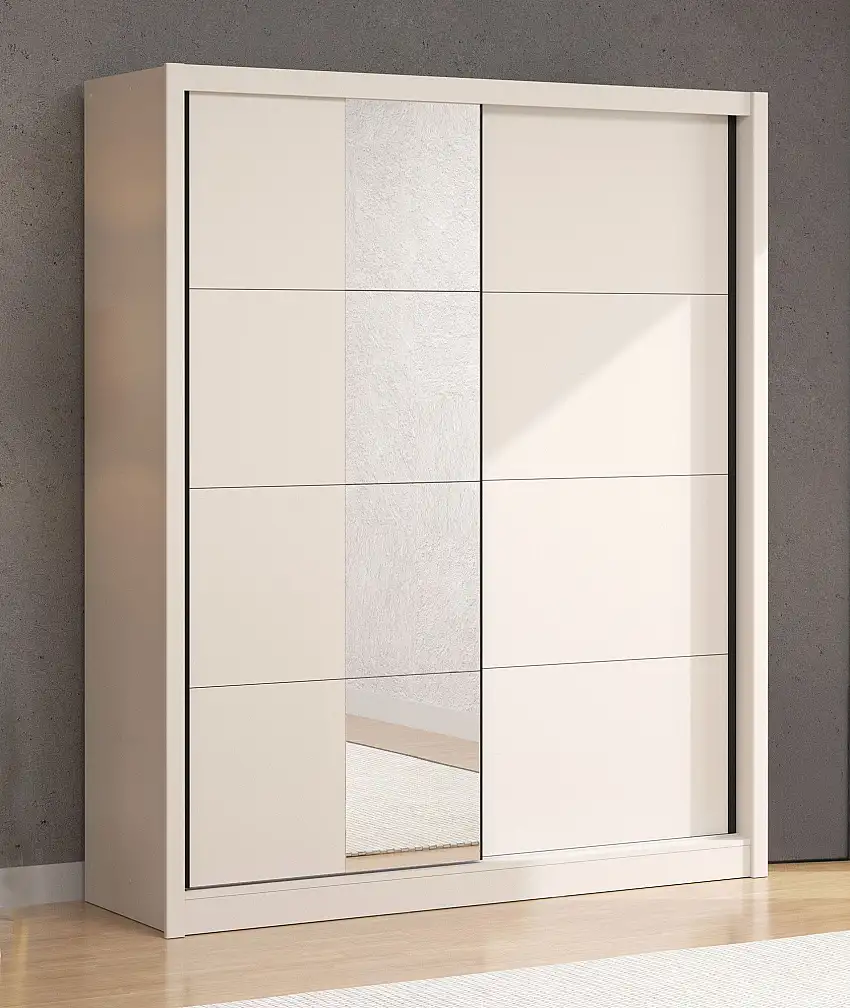 Kleiderschrank mit einer Spiegeltür Apatin 02, Schiebetürenschrank, zwei Kleiderstangen, 1,8 Meter breit, fünf Fächer, Farbe: Kaschmir, Maße: 215,5 x 180 x 60 cm