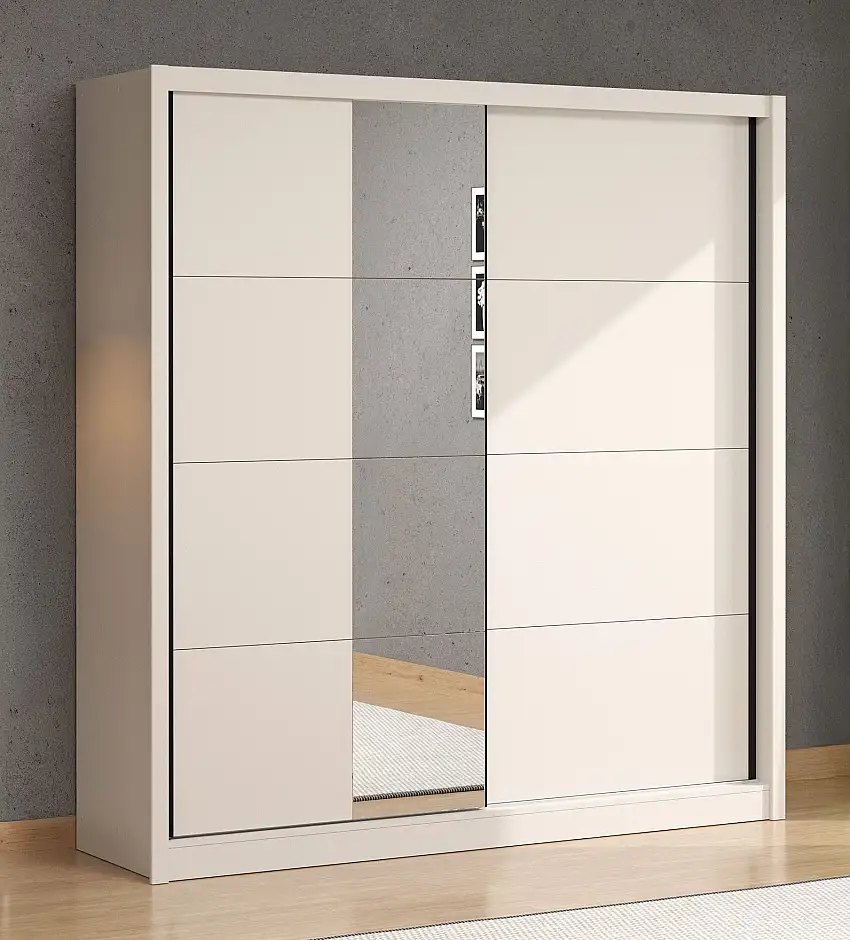 Schiebetürenschrank mit einer Spiegeltür Apatin 03, Farbe: Kaschmir, drei Kleiderstangen, fünf Fächer, Maße: 215,5 x 205 x 60 cm, stilvolles Design