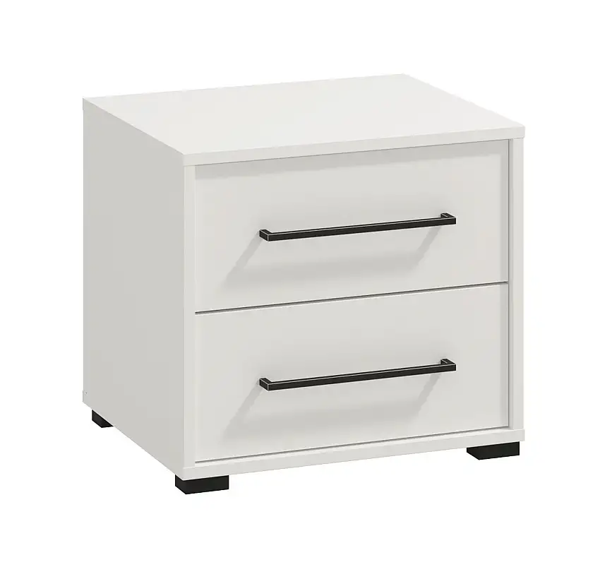 Schlichte Nachtkommode mit zwei Schubladen Indika 07, Farbe: Weiß, ABS-Kantenschutz, Griffe: Schwarz, Maße: 44 x 48 x 40 cm, für Schlafzimmer