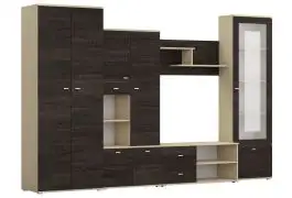 3,7 Meter breite Wohnwand | Eiche / Esche | Mourne 03 | 201 x 370 x 51 cm | 6 Türen | dunkle Holzoptik | dünne Griffe | viel Stauraum | Mehrteilig