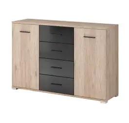 Kommode | Eiche / Schwarz Hochglanz | Troodos 03 | 93 x 135 x 42 cm | 2 Türen | 4 Schubladen | 6 Fächer | kratzfeste Platte | Drehtüren in Holzoptik