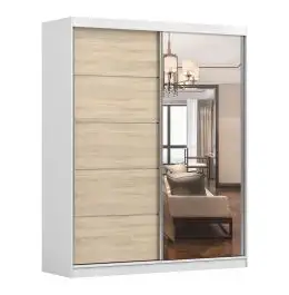 Schiebetürenschrank 1,8 Meter breit / Kleiderschrank | Cuillin 02 | Weiß / Eiche | mit Spiegel | 6 Fächer | 2 Türen | 218 x 183 x 61 cm | viel Platz