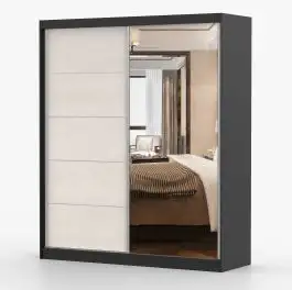 Kleiderschrank / Schiebetürenschrank mit Spiegel | 218 x 183 x 61 cm | Seide / Schwarz | Cuillin 08 | 2 Türen | 6 Fächer | viel Lagerkapazität
