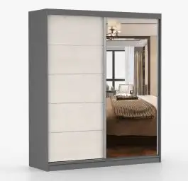 Schiebetürenschrank 1,8 Meter breit / Kleiderschrank | Cuillin 07 | Seide / Grau | mit Spiegel | 6 Fächer | 2 Türen | 218 x 183 x 61 cm | viel Platz