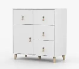 Kommode | Weiß | Taygetos 02 | 96 x 90 x 45 cm | 4 Schubladen | 1 Fach | Ledergriffe | Holzbeine 14 cm hoch | Einfarbig | skandinavischer Stil