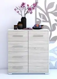 Kommode | 96 x 90 x 45 cm | Eiche / Weiß | Comarca 04 | 1 Türe | 4 Schubladen | 3 Fächer | Zweifarbig | lange Griffe silberfarben | schlichtes Design