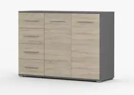 Kommode | 96 x 135 x 45 cm | Eiche / Grau | Comarca 24 | 2 Türen | 4 Schubladen | 3 Fächer | Zweifarbig | Front in Holzoptik | Griffe silberfarben