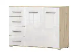 Kommode | 96 x 135 x 45 cm | Hochglanz Weiß / Eiche | Comarca 09 | 2 Türen | 4 Schubladen | 3 Fächer | Zweifarbig | klassisches Design | eckig