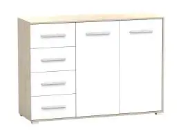 Kommode | Weiß / Eiche | Comarca 25 | 96 x 135 x 45 cm | 2 Türen | 4 Schubladen | 3 Fächer | Holzoptik | schlicht und kompakt | Buffetschrank | eckig