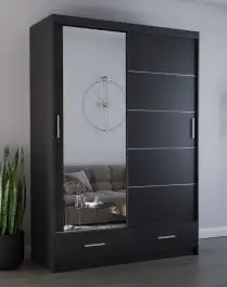 Schiebetürenschrank / Kleiderschrank mit Spiegel | 218 x 150 x 61 cm | Schwarz | Lusatian 13 | 2 Türen | 2 Schubladen | 6 Fächer | viel Stauraum