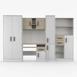 3 Meter breite Schrankwand mit Schreibtisch | Weiß / Eiche | Grammasos 07 | 196 x 300 x 52 cm | 8 Türen | 3 Schubladen | 19 Fächer | Jugendzimmer