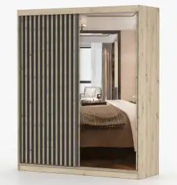 Schiebetürenschrank / Kleiderschrank mit Spiegel | Artisan | Crailui 06 | 2 Türen | Griffe: Aluminium | 218 x 183 x 61 cm | 6 Fächer | Kleiderstange