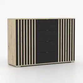 Kommode | Artisan / Schwarz | Crailui 03 | 2 Türen | Griffe: Metall | 4 Schubladen | 93 x 135 x 44 cm | 6 Fächer | Dekorlamellen zum Selbstkleben