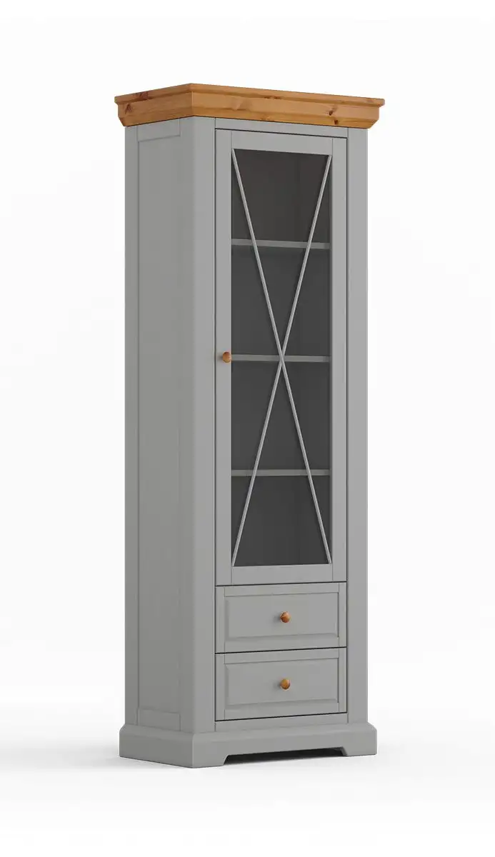 Vitrine mit einer Glastür Gimone 01, in Grau aus finnischer Kiefer, zwei Schubladen, vier Fächer, Maße: 200 x 70 x 41 cm, klassisch, Soft-Close-Funktion