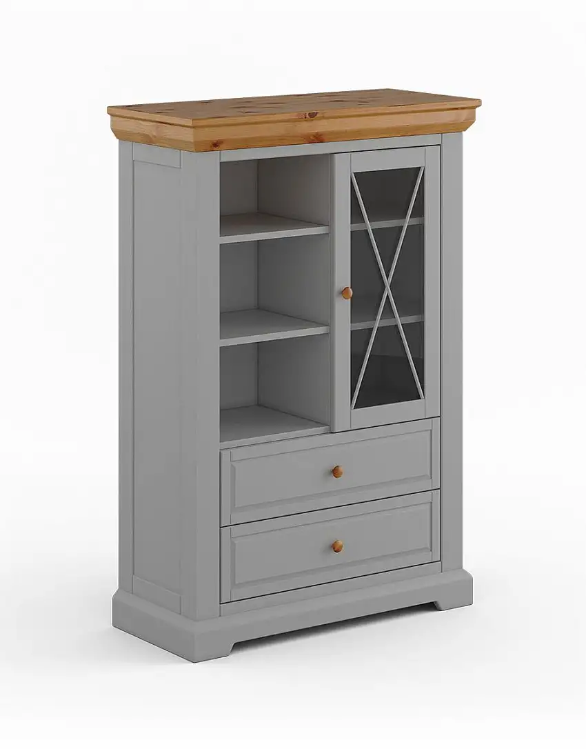 Vitrine Gimone 03, in Grau, zwei Schubladen, Maße: 140 x 95 x 41 cm, Soft-Close-Funktion, aus finnischer Kiefer, sechs Fächer, eine Glastür, klassisch