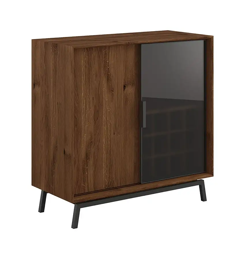 Vitrine / Weinregal Salleron 09, Eiche massiv geölt, eine Glasschiebetür, Farbe: Tabacco / Schwarz, 16 Fächer, Maße: 101 x 101 x 45 cm, eine Schiebetür