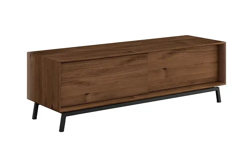 TV-Unterschrank mit zwei Holzschiebetüren Salleron 13, Eiche massiv geölt, Farbe: Tabacco, Maße: 52 x 200 x 50 cm, vier Fächer, für Wohnzimmer