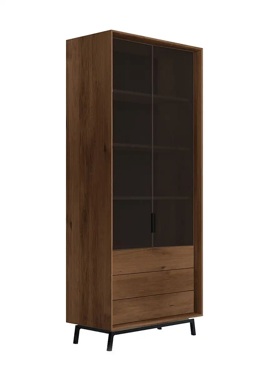 Vitrine Salleron 08, Eiche massiv geölt, drei Schubladen, Farbe: Tabacco / Schwarz, zwei Glastüren, Maße: 185 x 100 x 45 cm, Push-to-open Funktion