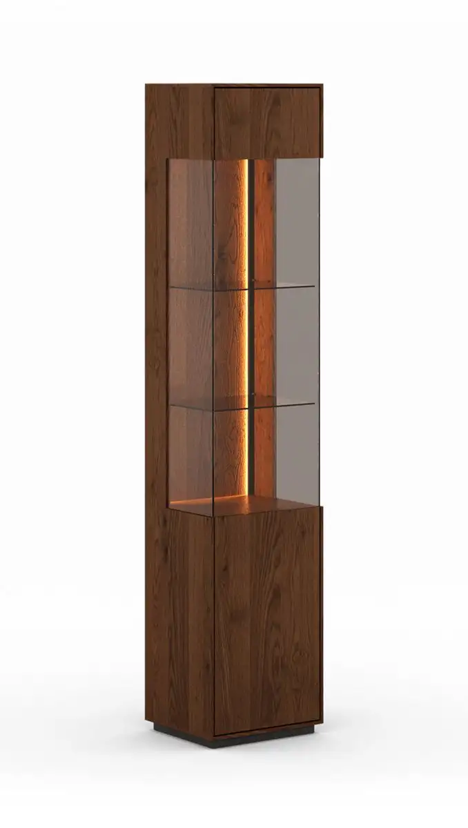 Vitrine Sienne 01 Türanschlag linksseitig, in Tabacco geölt, Massivholz, Maße: 205 x 43 x 37 cm, eine Tür, getöntes Glas, sechs Fächer, inkl. LED-Beleuchtung