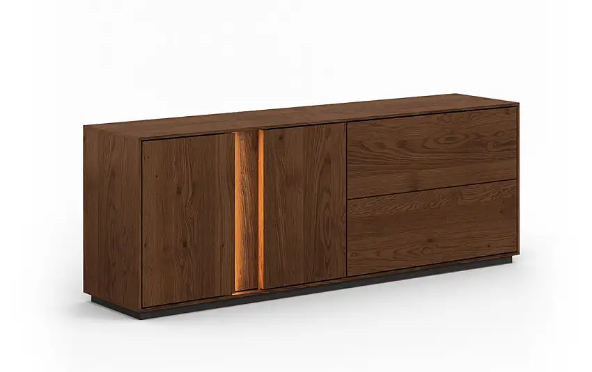 TV-Unterschrank Sienne 07, aus Wildeiche massiv, Push-to-open, in Tabacco geölt, gebürstet, sechs Fächer, inkl. LED-Beleuchtung, Maße: 60 x 165 x 43,5 cm