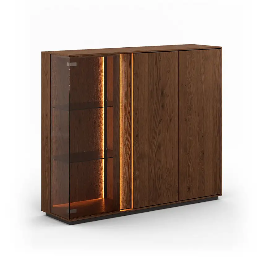 Vitrine mit einer Glastür Sienne 12, Massivholz Wildeiche, Maße: 115 x 135 x 37 cm, gebürstet und geölt, drei Türen, inkl. LED-Beleuchtung, neuen Fächer