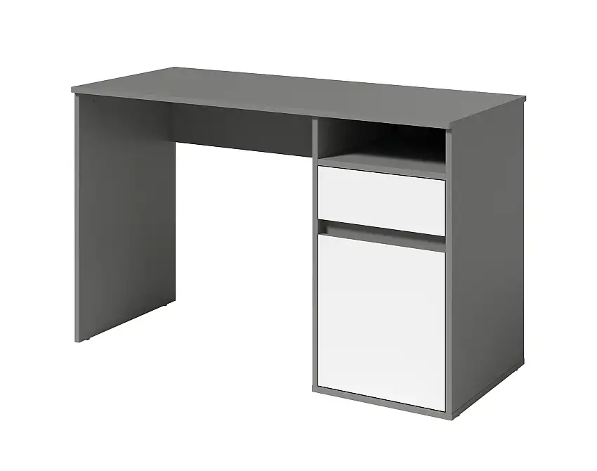 Dunkler Schreibtisch mit hellen Fronten Agia 03, eine Schublade, Farbe: Grau / Weiß, eine Tür, ein offenes Fach, modernes Design, Maße: 74 x 120 x 50 cm