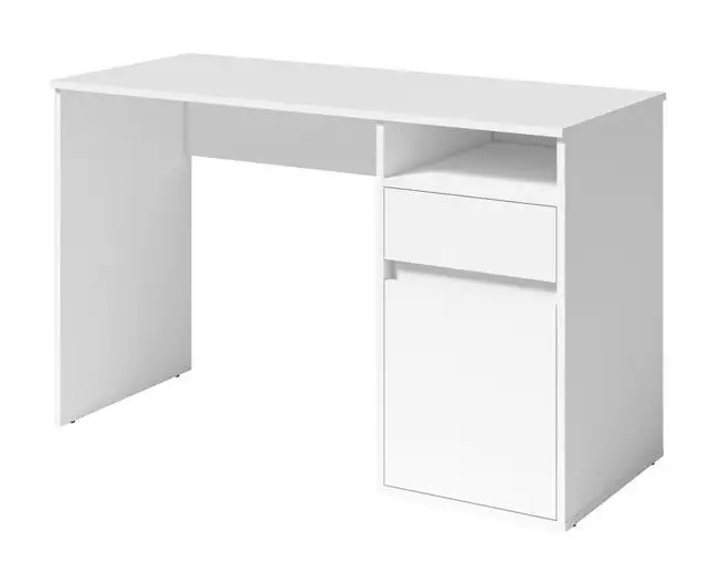 Schreibtisch Agia 06, Farbe: Weiß, eine Schublade, eine Tür, ein offenes Fach, gut kombinierbar, Maße: 74 x 120 x 50 cm, für Büro