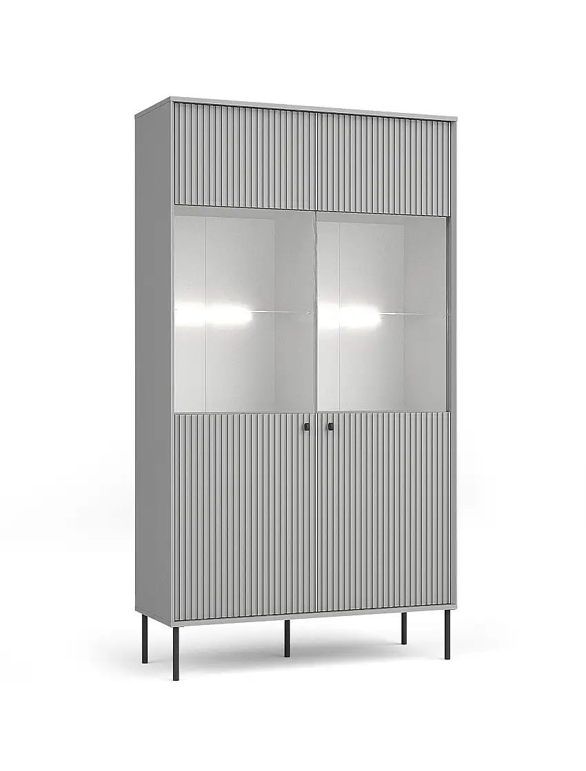 Vitrine mit Soft-Close-Funktion Alonnisos 01, zwei Glastüren, Farbe: Grau, modernes Design, Griffe & Beine: Metall, 10 Fächer, Maße: 192,5 x 105,4 x 41 cm